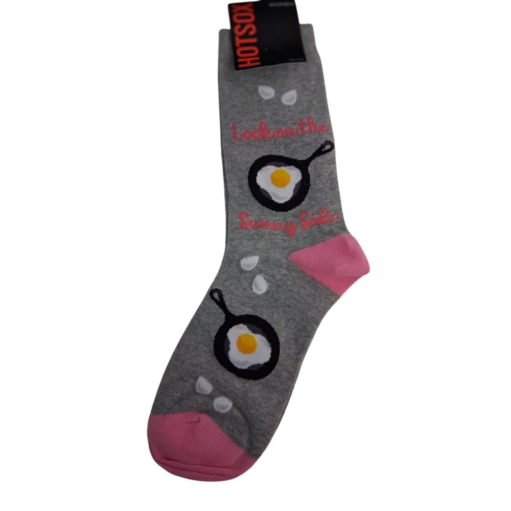 Hot Sox Womens Look on the Sunny Side Fried Egg Skillet Crew Socks Gray Pink NEW